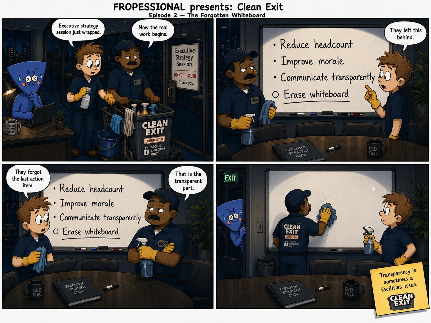 Four-panel Clean Exit comic. Cleaners enter an executive strategy room and find a whiteboard that says reduce headcount, improve morale, communicate transparently, and erase whiteboard.