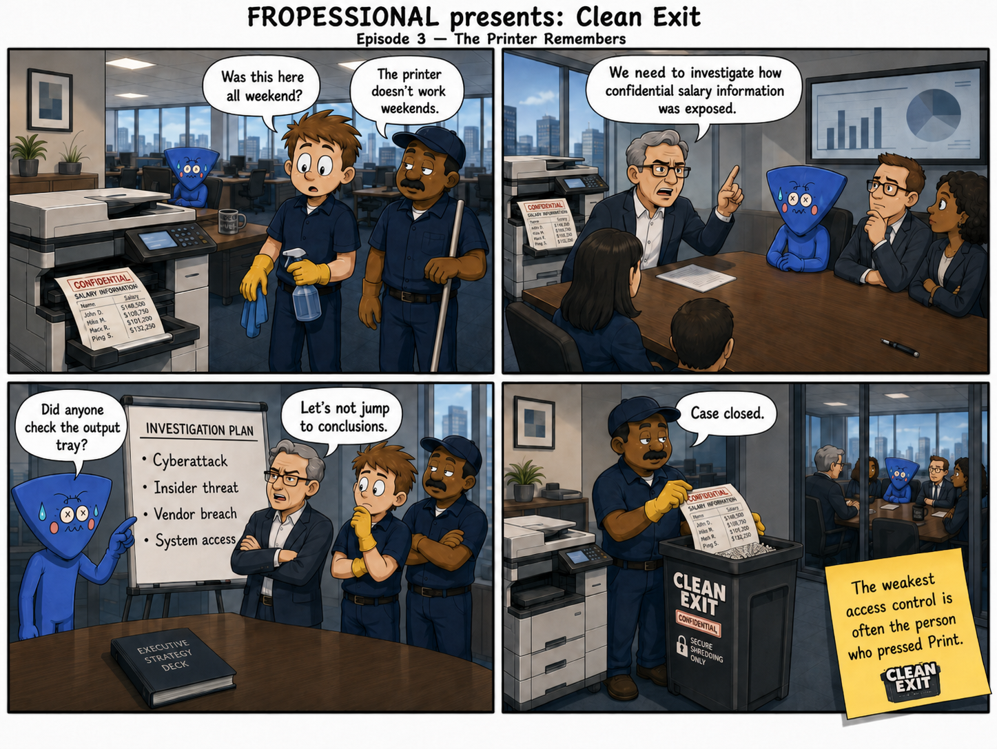 Four-panel Clean Exit comic. Cleaners find a confidential salary printout left in a printer tray while executives investigate the exposure without checking the tray.