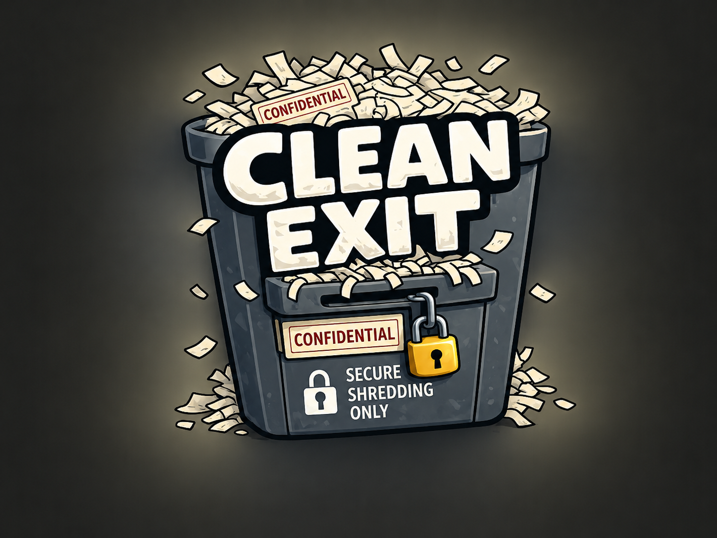 Clean Exit logo: a confidential-paper-filled secure shredding bin.