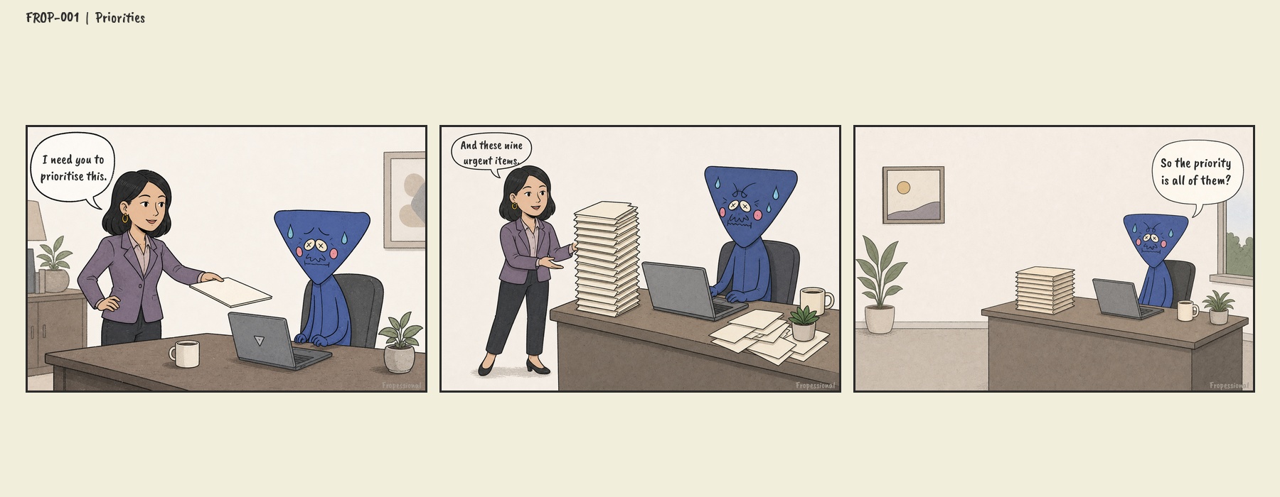 Three-panel Fropessional comic. The Manager asks Frop to prioritise a task, adds nine urgent items, then Frop asks whether the priority is all of them.