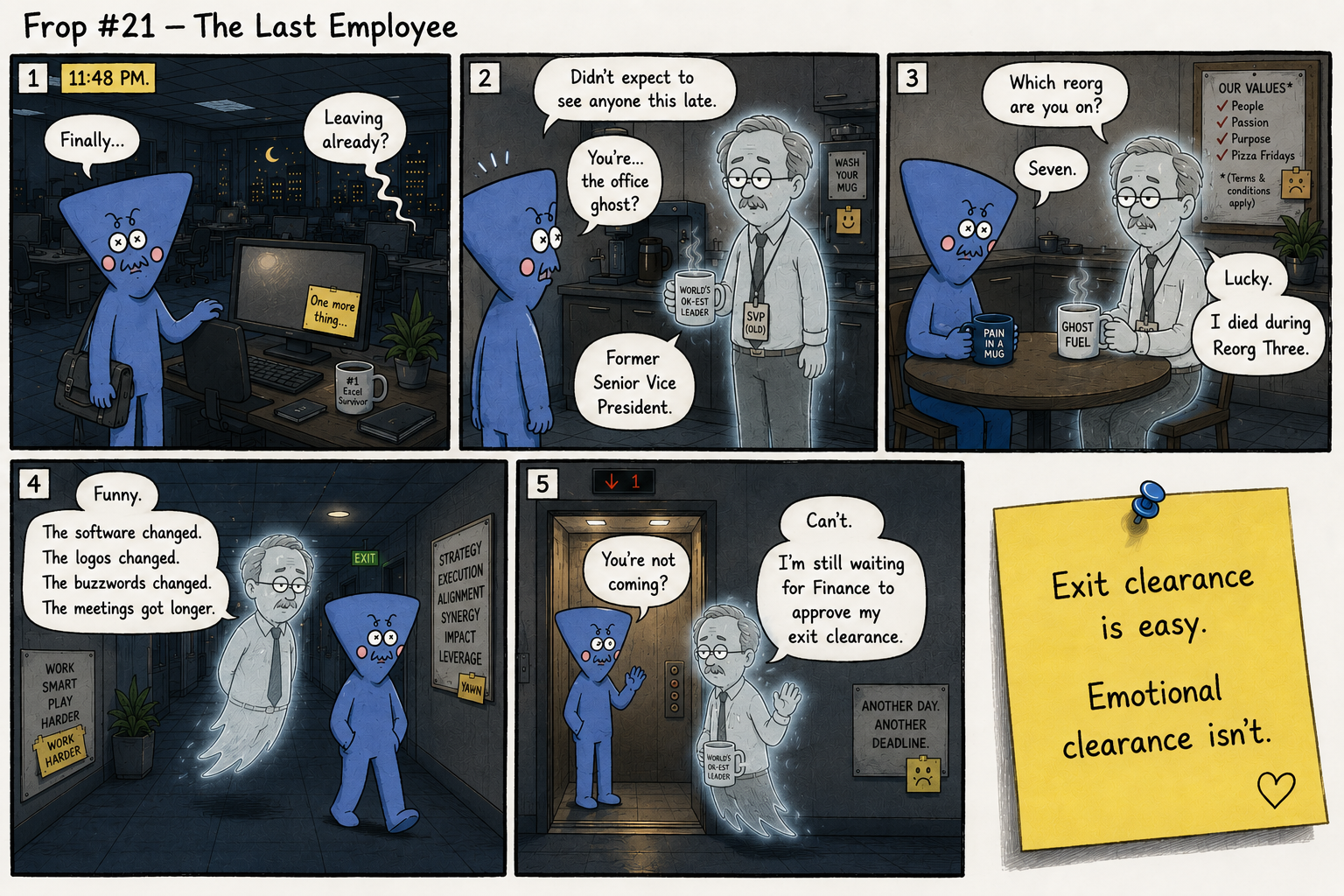 Five-panel Fropessional comic. Frop works late and meets the ghost of a former senior vice president, who is still waiting for Finance to approve his exit clearance.