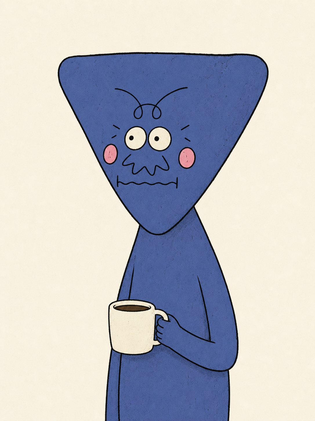 Frop holding a coffee mug with his default anxious expression