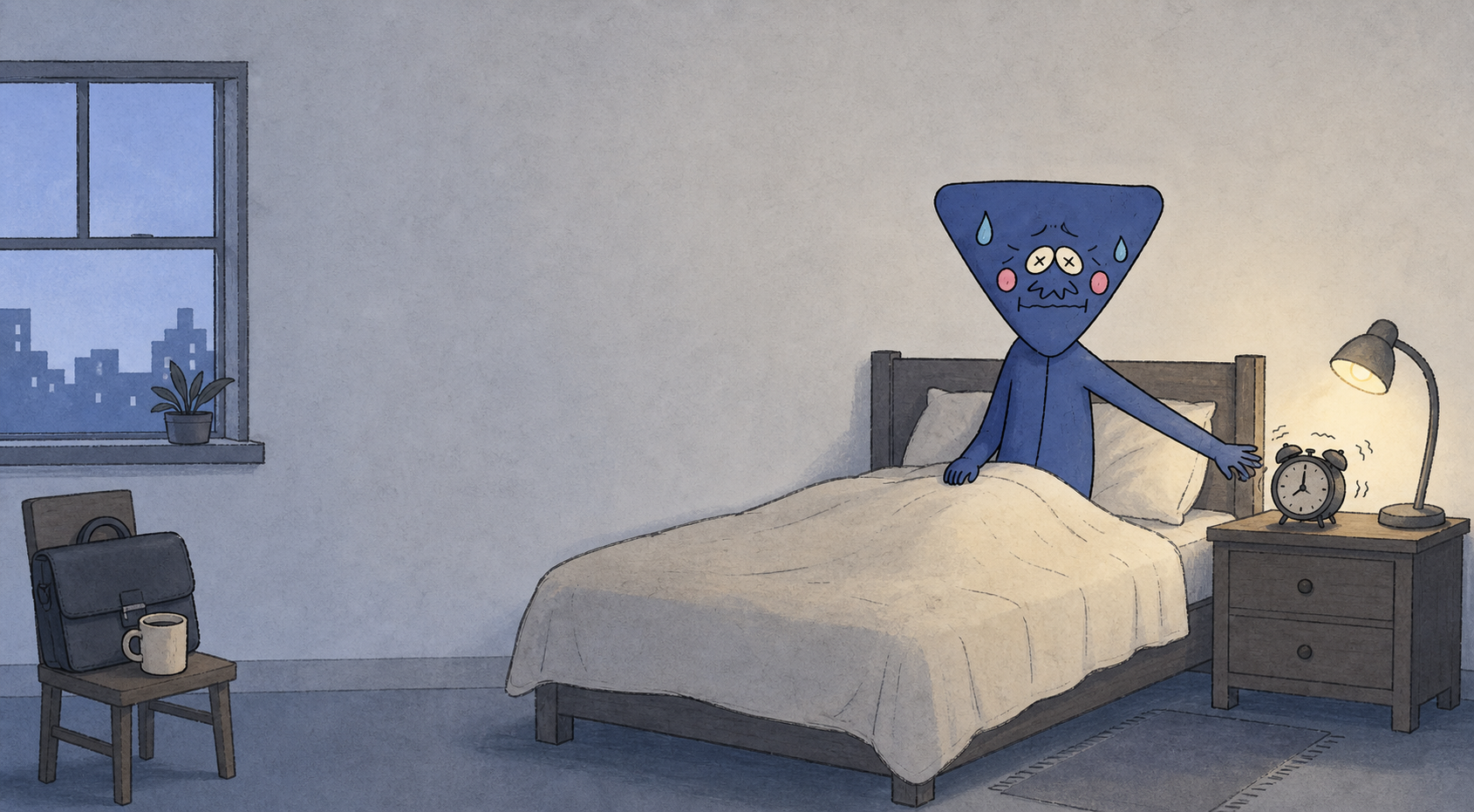 Frop sits up in bed at dawn, reluctantly reaching toward a ringing alarm clock. A work bag and coffee mug wait nearby.