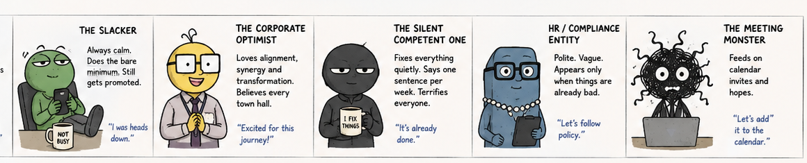 Reference sheet for the Slacker, Corporate Optimist, Silent Competent One, HR and Compliance Entity, and the Meeting Monster.