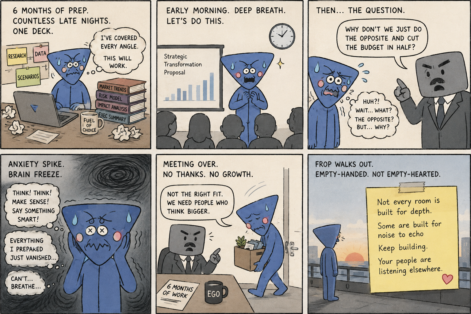 Six-panel Fropessional comic. Frop presents a strategic transformation proposal, an executive asks why they do not do the opposite and halve the budget, and Frop leaves after the meeting.