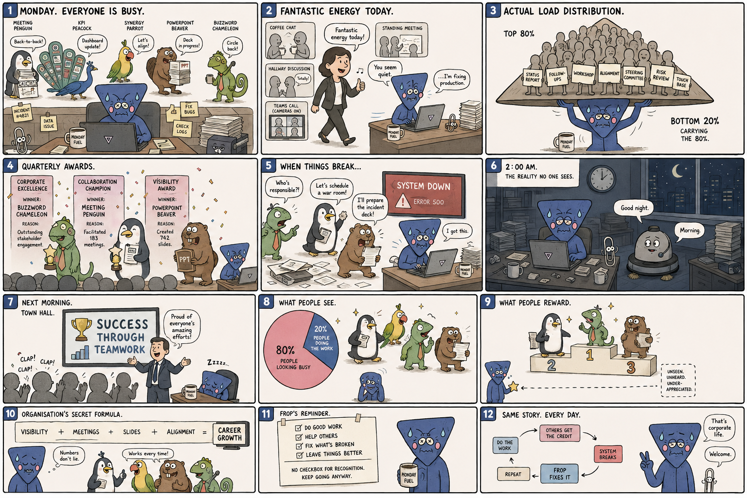 Twelve-panel Fropessional comic. Frop carries the hidden workload while highly visible colleagues receive awards and recognition for teamwork.